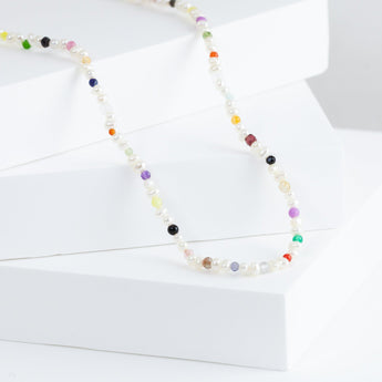 Clover charm pearl and colorful gemstones beads necklace (65cm)