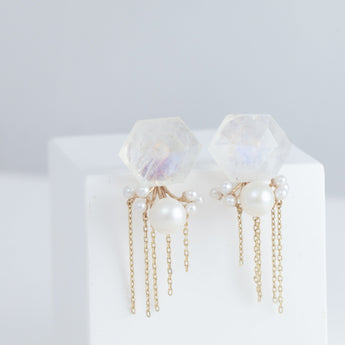 Fairy moonstone and pearl earrings with chains
