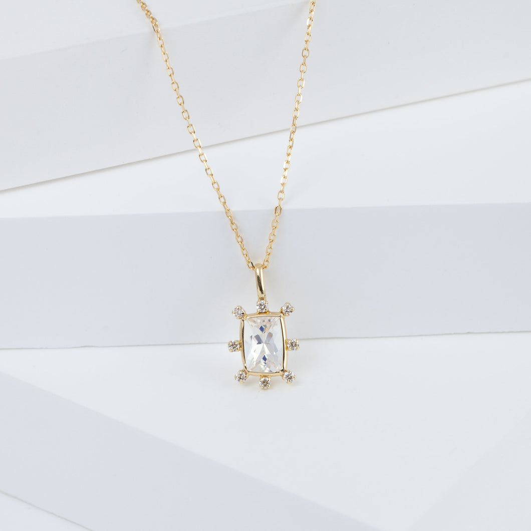 Tiny rectangular rainbow moonstone and diamond necklace