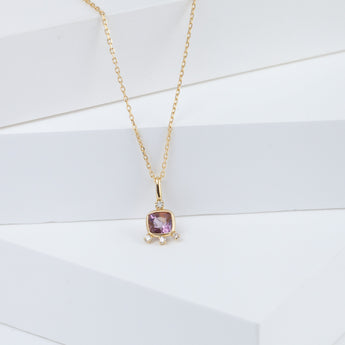 Tiny purple square spinel and diamond necklace