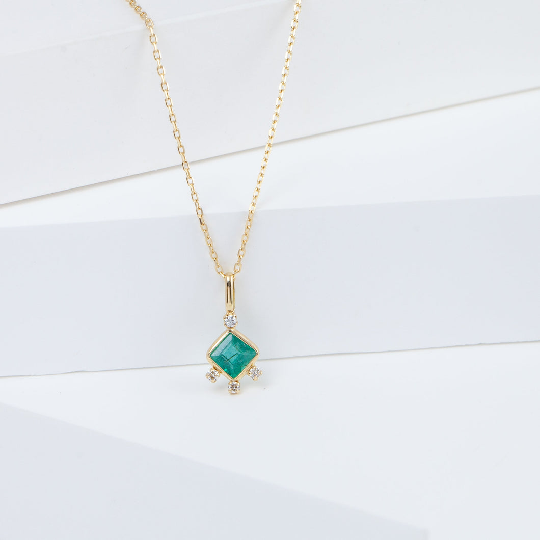 Tiny square emerald and diamond necklace