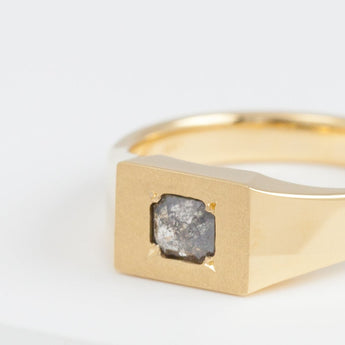 Rose cut salt and pepper diamond signet ring