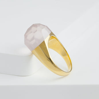 Mini rock faceted round rose quartz ring