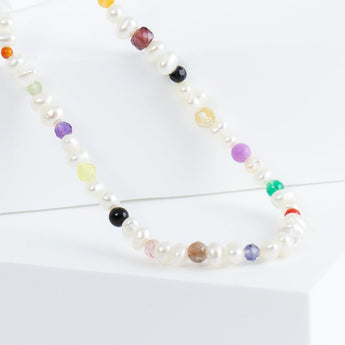 Clover charm pearl and colorful gemstones beads necklace (65cm)