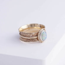Load image into Gallery viewer, Gold large infinity feather ring with Ethiopian opal
