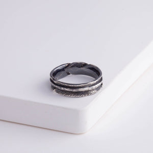 Oxidized silver infinity feather ring